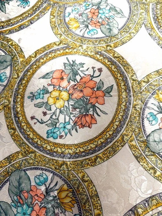 Silk Jacquard Square Scarf White Peach Floral Medallion Print Hand Rolled 29x29" - Picture 9 of 10